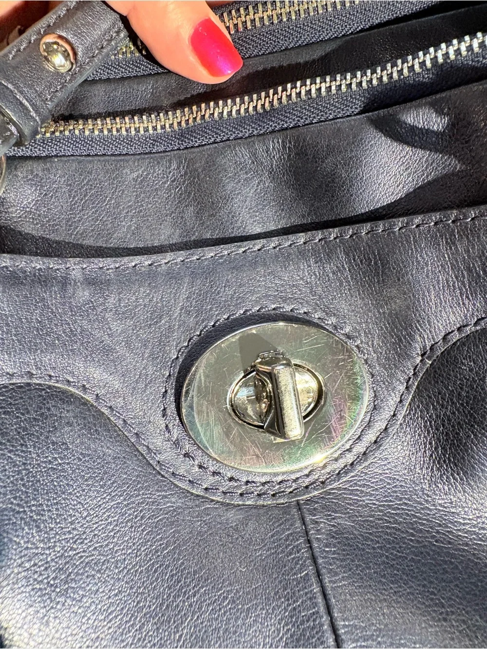 Coach Dark Navy Pearlescent Leather Double-Zip Shoulder Bag with Turn-Lock
